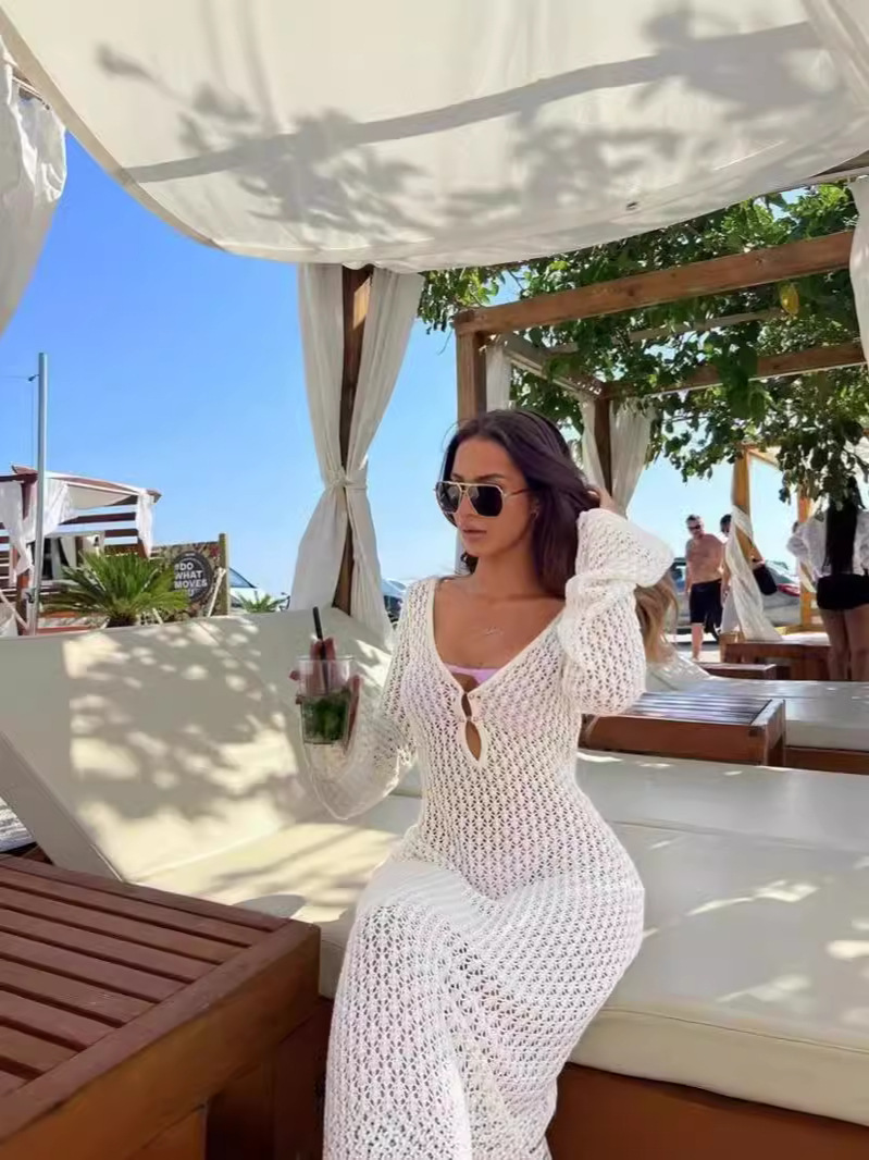 D620Beach Vacation Bikini Cover-up Hollow Crochet Knitted Long Dress Long Sleeves