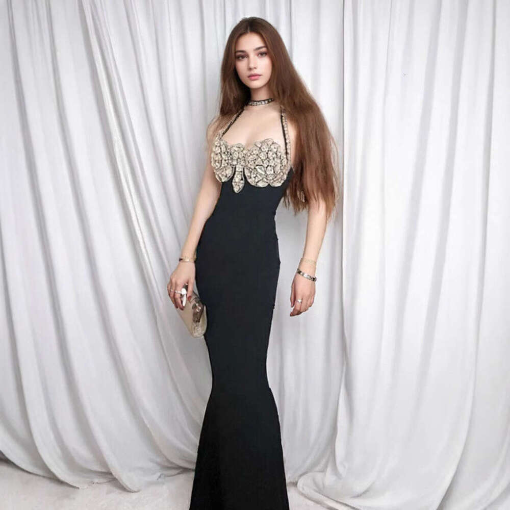 Long Dress Autumn Women S Hot Sale Black Rhinestone Halter Neck Sexy Backless Celebrity Stage Performance Bandage Dress Sexy Long Skirt