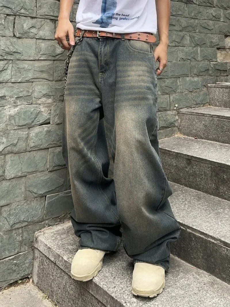 2025 Mens Baggy Denim Pants Wide Leg High Waist Belt Casual Trousers Loose Plus Size Stylish Streetwear Mens Streetwear 250617