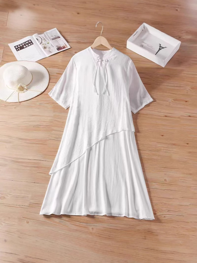 FD188 Retro temperament ethnic style three-quarter sleeve long skirt white sleeve dress