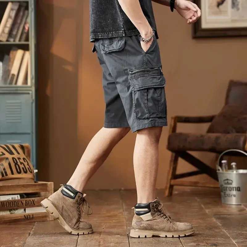 Mens Short Pants Elastic Waist Black Cotton Cargo Shorts with Pockets 2025 Fashion Y2k Summer Clothes Wide Popular New In W250621