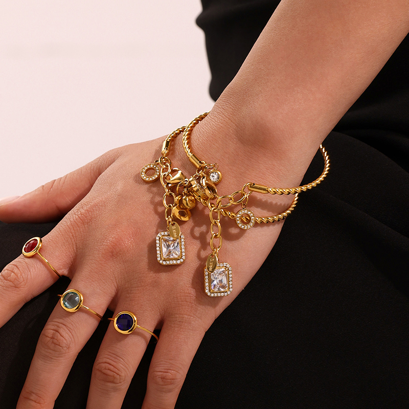 Trendy 14K Gold Plated Layered Charm Bracelet Set with Cubic Zirconia - Elegant Dainty Jewelry