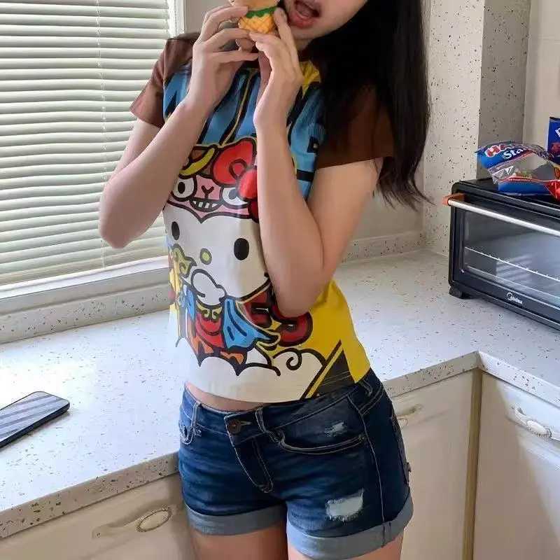 Sanrio Hello Kitty New Anime Fashion Short Tops Y2K Summer Sanrio Cute Tees Cartoon Printed High Street Gothic Short Sleeve T-Shirtsw250621