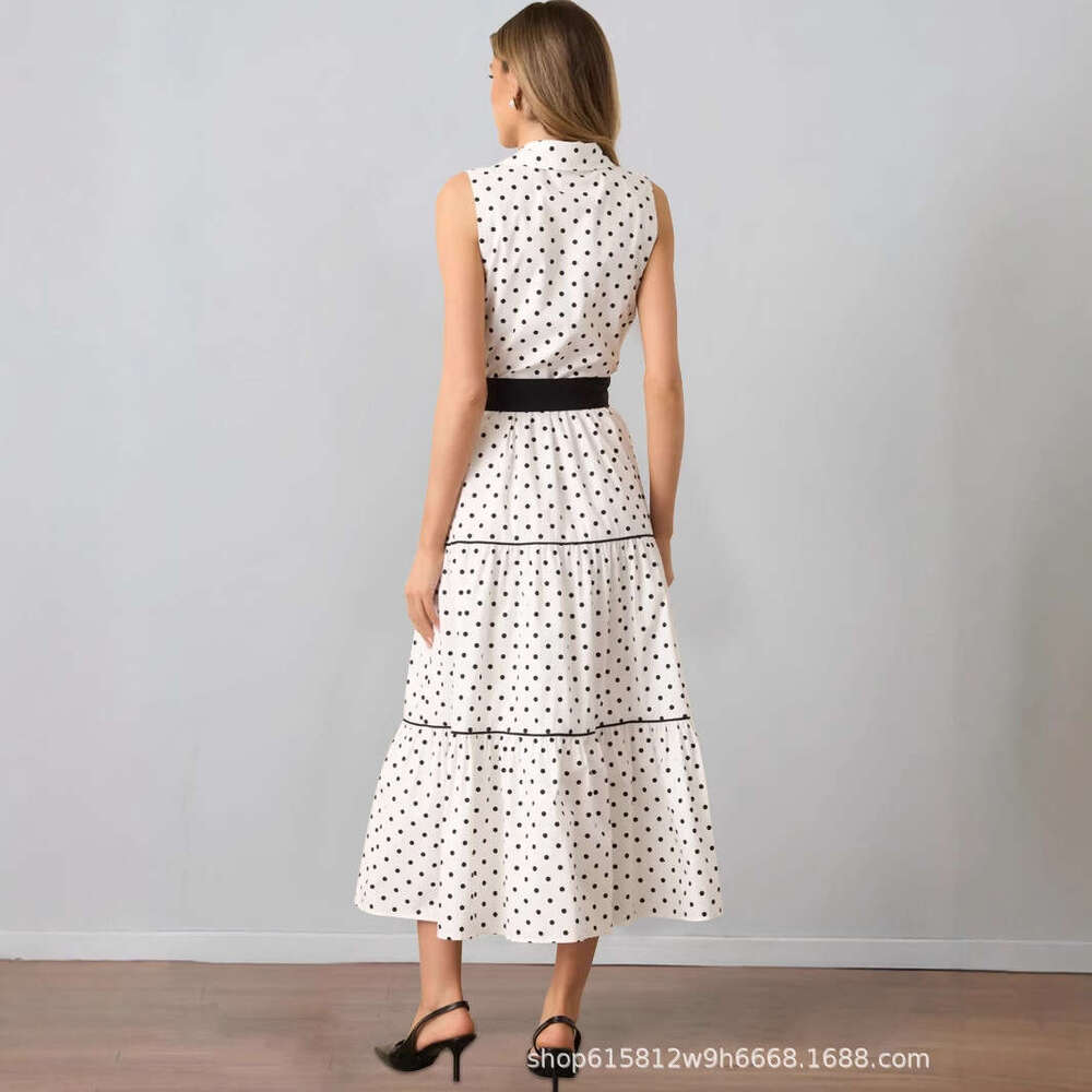 Long Dress European Style Elegant Women S Fashion Spring Summer New Sleeveless Turn Down Collar Polka Dot Dress Sexy Long Skirt
