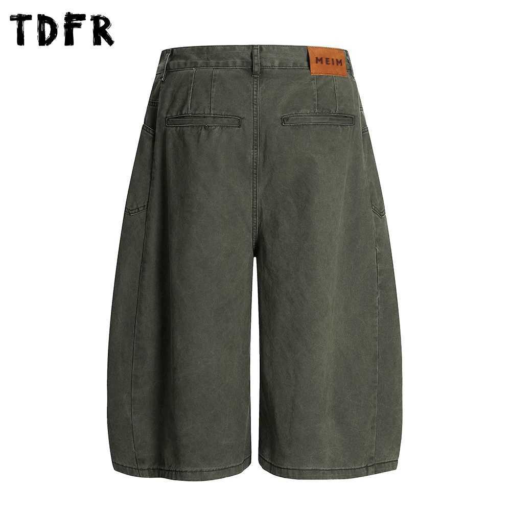 Retro Simple Solid Color Cargo Shorts Mens Summer Streetwear Loose Wide Leg Cropped Pants Men W250621