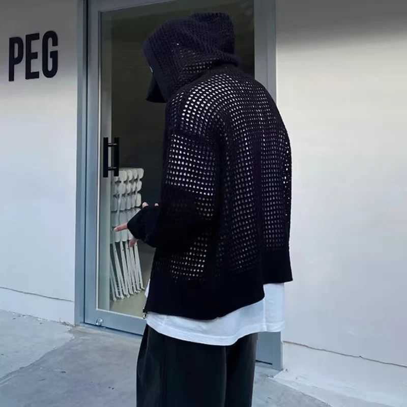 2025 Mens Casual Hollow Coats Breathable Cardigan Sweater Summer Lightweight Hooded Knitted Top Korean Trendy Streetwear Clothing Z250621