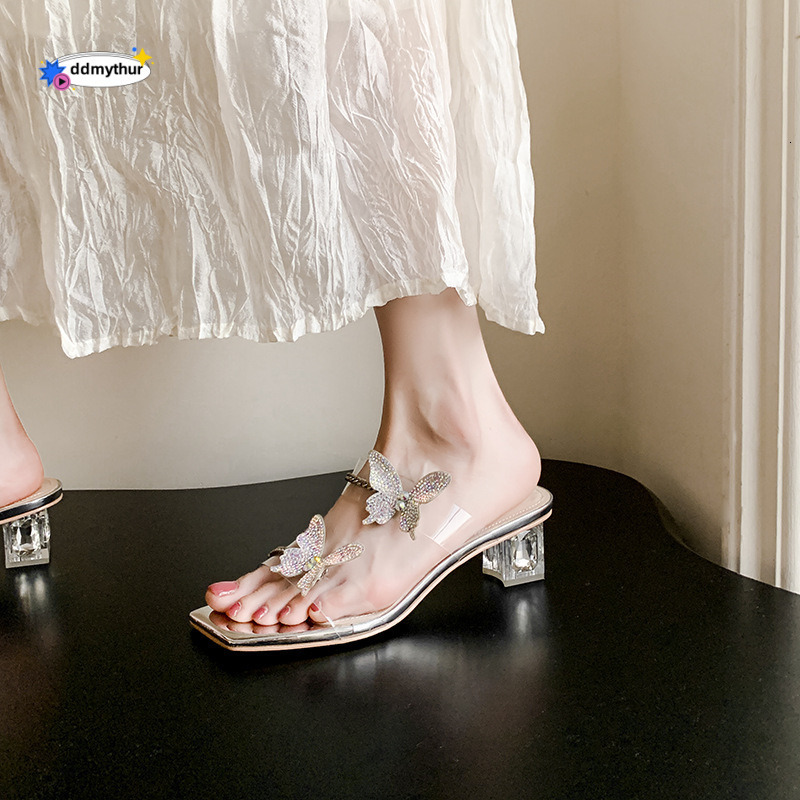 Two Styles Fairy Style Rhinestone Butterfly Transparent Sandals New Square Open Toe Crystal Heel Internet Celebrity High Heels ddmythur
