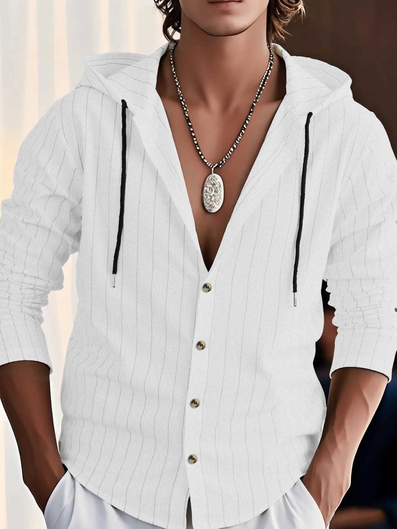 Mens Hoodie Retro cotton and linen striped long sleeved shirt Casual daily cardigans Hot selling fashionable mens clothing XJ250621