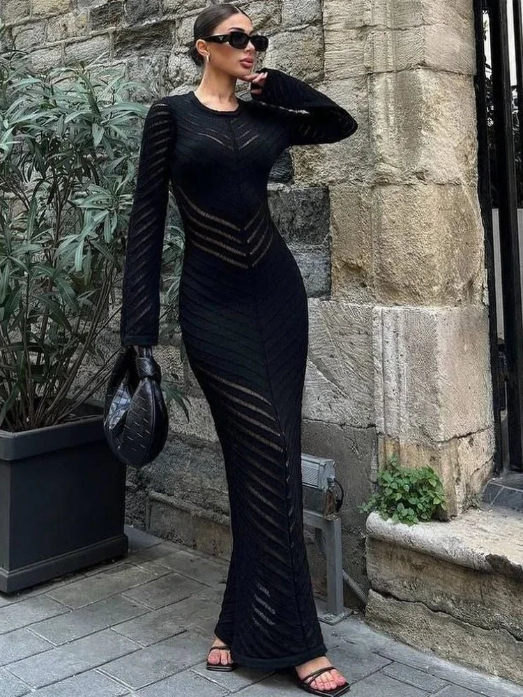 Trendix Slim Elegant Evening Dress Women High Waist Long Sleeve Hollow Out Knitwear Maxi Dresses Bodycon Sexy Knit Sheath Dress 250617