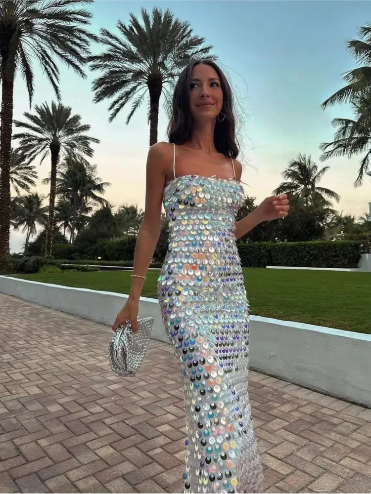 Beaded Irregular Slip Dress Sequin Holiday Halter Boho Long Dresses Sparkling Sexy Backless Slim Fit Suspender Evening Robes 250617