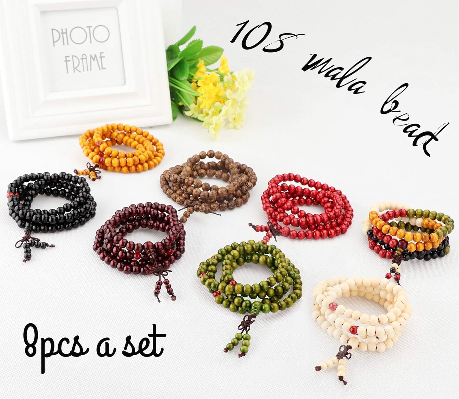108 Mala Bead Bracelets 8MM Tibetan Buddha Wood Beaded Ward Off Evil Sandalwood Link Wrist Necklace Chain Bracelets Multilayer Buddhist Prayer Strand 