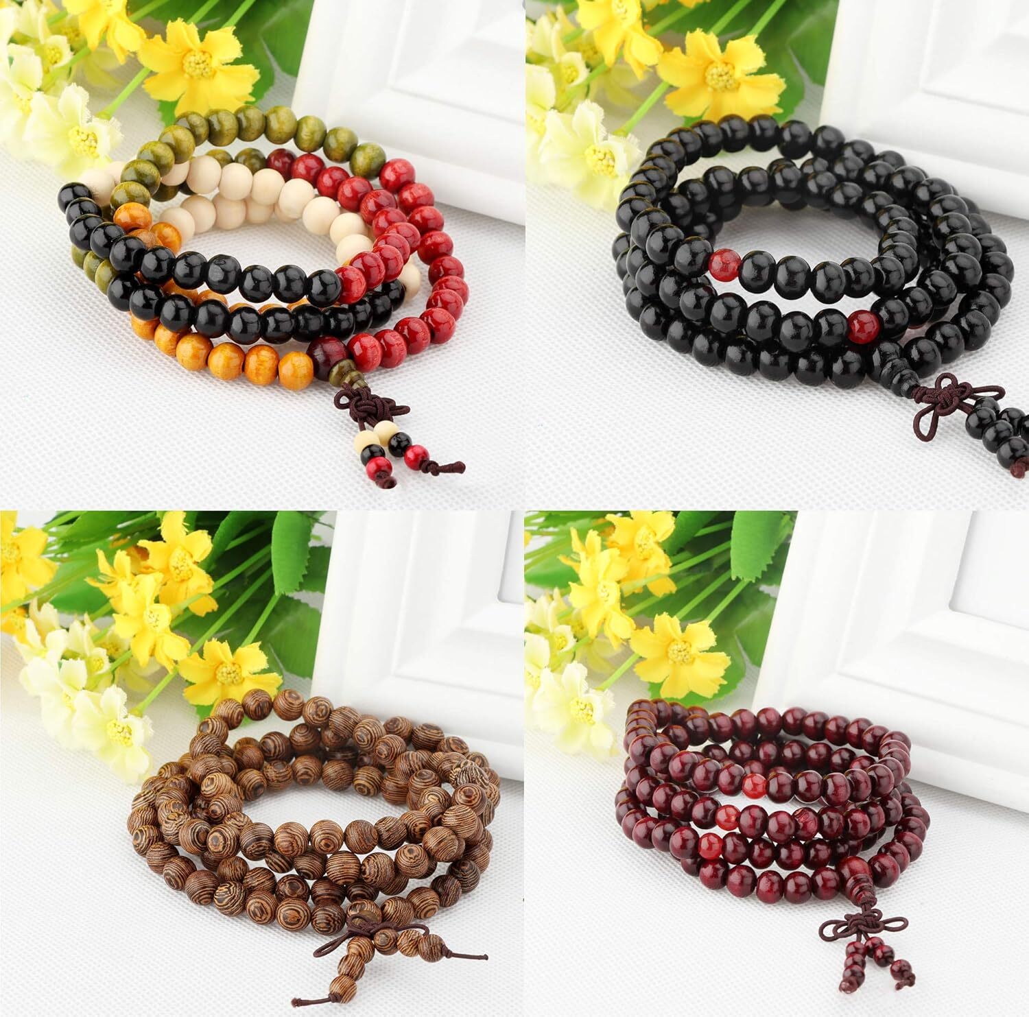 108 Mala Bead Bracelets 8MM Tibetan Buddha Wood Beaded Ward Off Evil Sandalwood Link Wrist Necklace Chain Bracelets Multilayer Buddhist Prayer Strand 