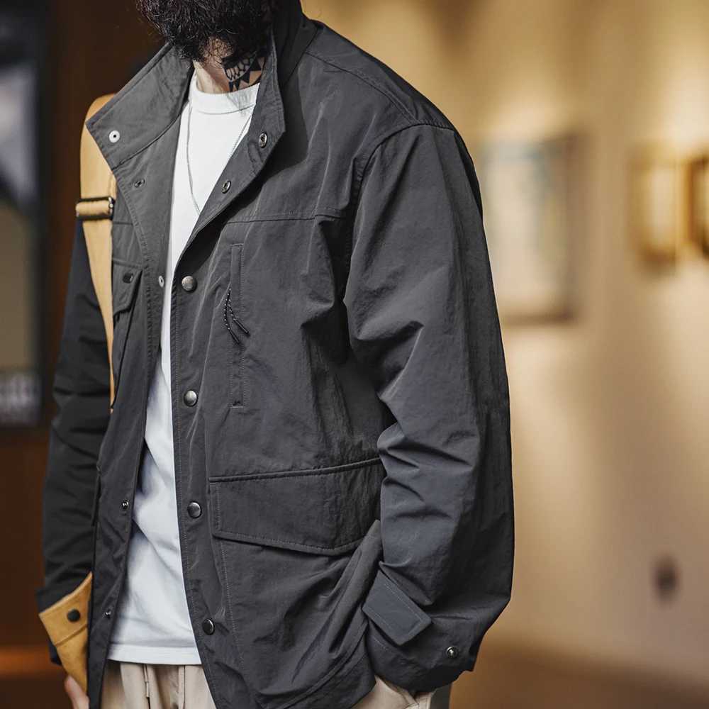 Maden Spring and Autumn Casual 4-Pocket Work Jacket for Men Standing Collar Waterproof Cargo Jacket Dark Gray Coats Male Tops XJ250621
