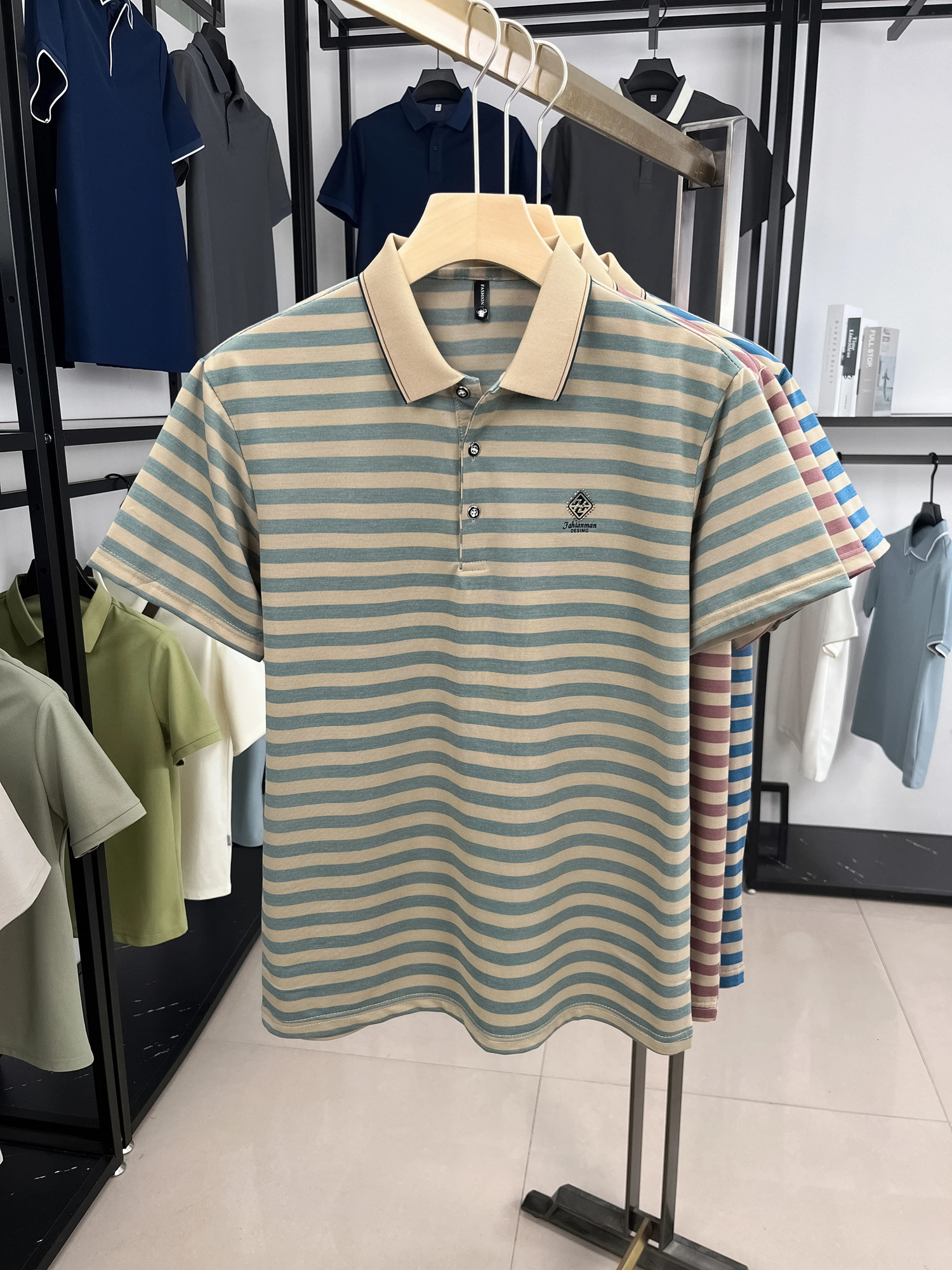 Light men summer lapel short sleeve Tshirt trendy polo shirt fashion stripe letters embossy casual mens wear 250610A