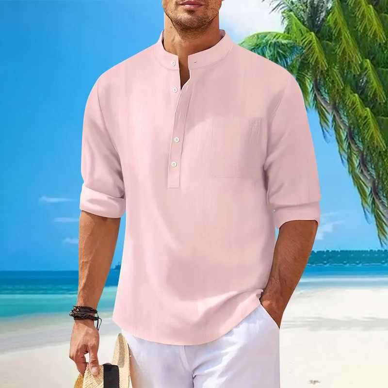 Cotton Linen Hot Sale Mens Long-Sleeved Shirts Spring Autumn ventilate Solid Color pocket Stand-Up Collar Casual Beach Style XJ250621