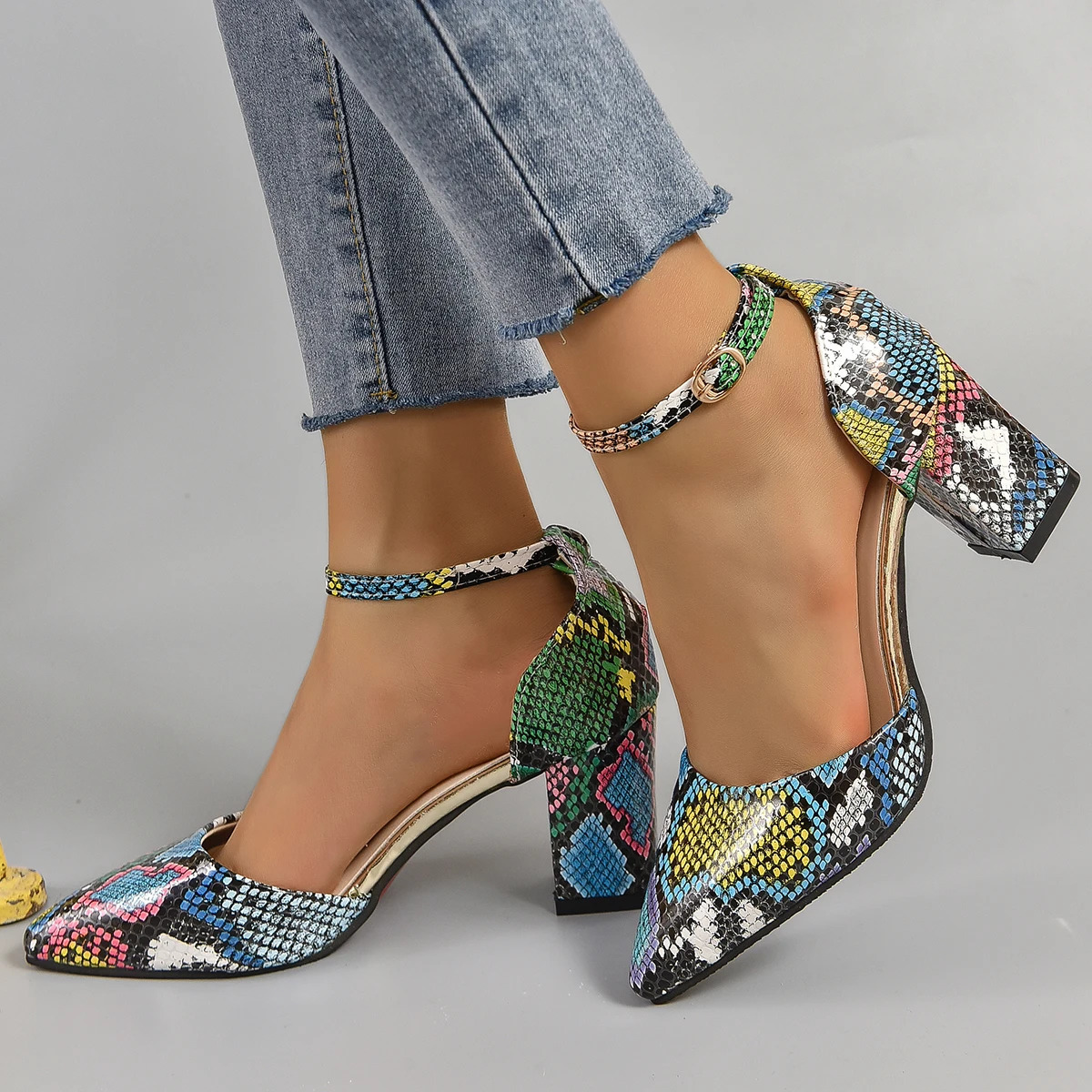 Aphixta Snake Pattern High Heel Sandals Summer Elegance Retro Womens Square Heel Sandals Size 33-46 Pearl Chain n 250617