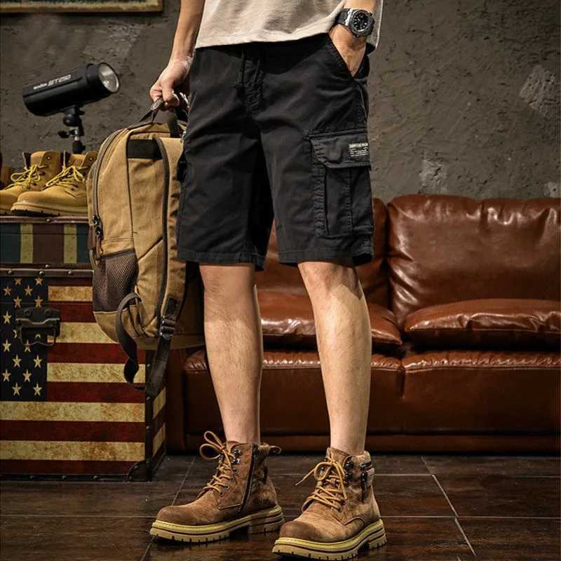 Mens Short Pants Elastic Waist Black Cotton Cargo Shorts with Pockets 2025 Fashion Y2k Summer Clothes Wide Popular New In W250621