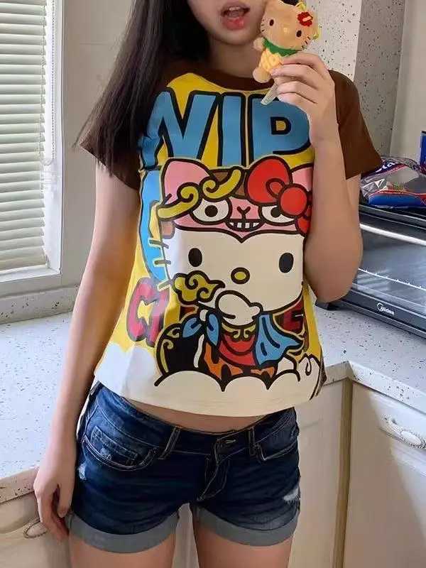 Sanrio Hello Kitty New Anime Fashion Short Tops Y2K Summer Sanrio Cute Tees Cartoon Printed High Street Gothic Short Sleeve T-Shirtsw250621