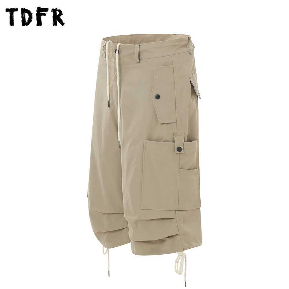 Multi-Pocket Pleated Cargo Shorts Mens Solid Color Safari Style Summer Drawstring Elastic Loose Wide Leg Waist Cropped Trousers W250621