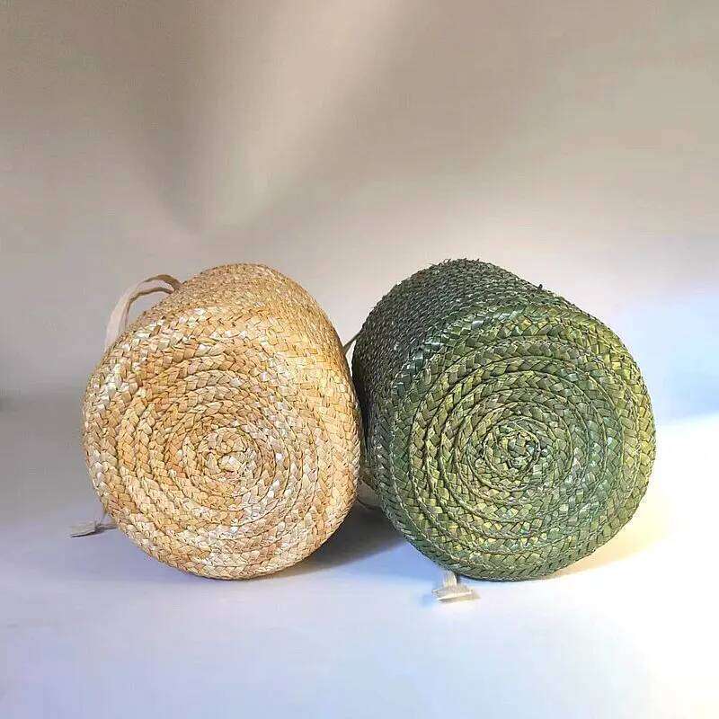 New Bucket Straw Grass Handbag, Genuine Bamboo Handle, Grand Hand Woven Flower Basket, Forest Style Women's Bag