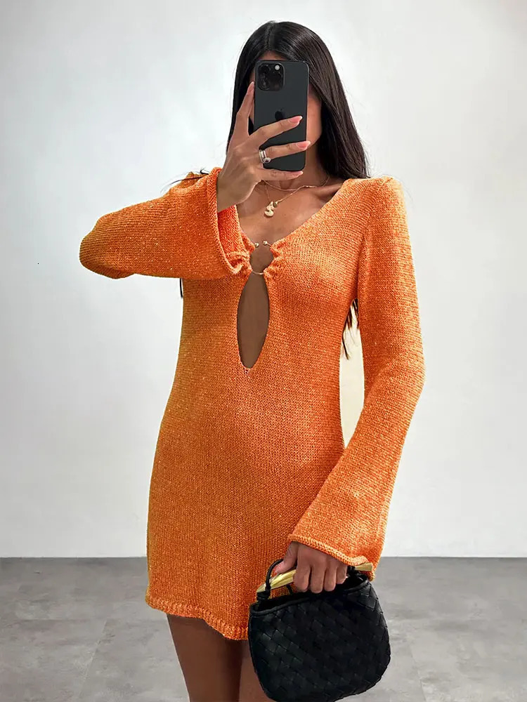 Sexy Flared Sleeve Slim Knitted Dress Autumn / Winter Womens Elegant V-neck Short Dresses A2917 250617