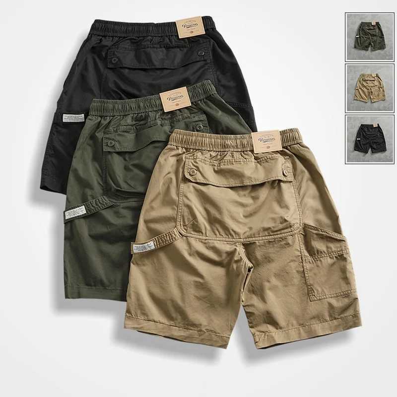 Summer New American Retro Elastic Waist Woven Cargo Shorts Mens 00% Cotton Functional Loose High Street Youth Five-point Pants W250621