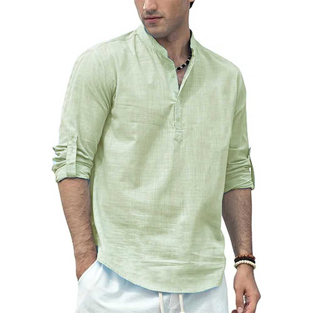 Mens Cotton Linen Long Sleeve Polo Shirt Lightweight Henley Neck Hawaiian Beach Style Solid Color Tops Vacation T-shirt XJ250621