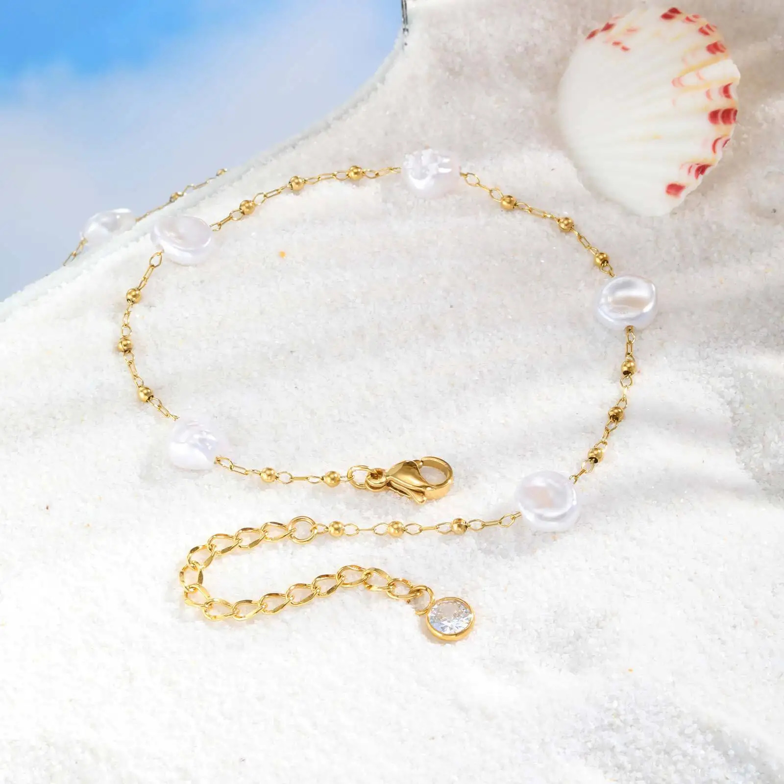 Waterproof Pearl Anklet Stainless Steel Anklets Beads Link Chain Adjustable Fashion Jewelry for Women Mom Wife Girlfriend 250617