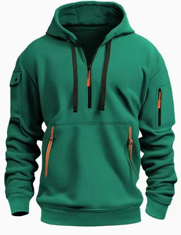Multi-pocket zipper mens fashionable hooded sweatshirt autumn and winter full zipper cardigan casual wear XJ250621