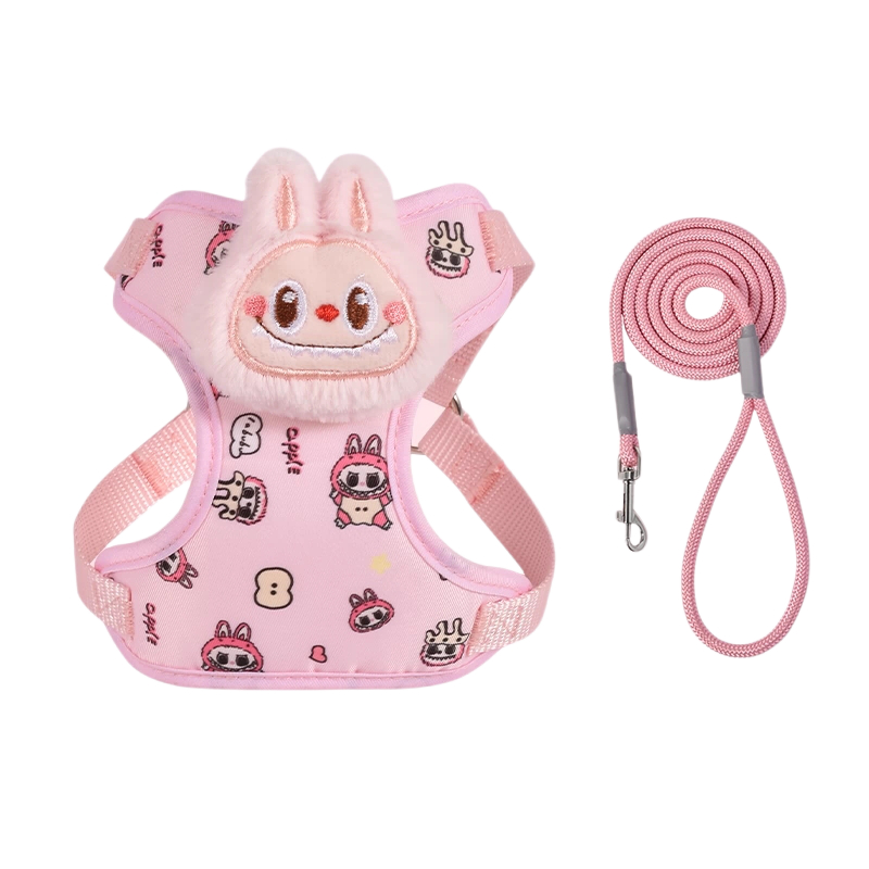 Labubu Dog Leash, Step-in Soft Mesh Puppy Vest with Cute Patterns and Doll Decorations, Breathable Pet Harness for