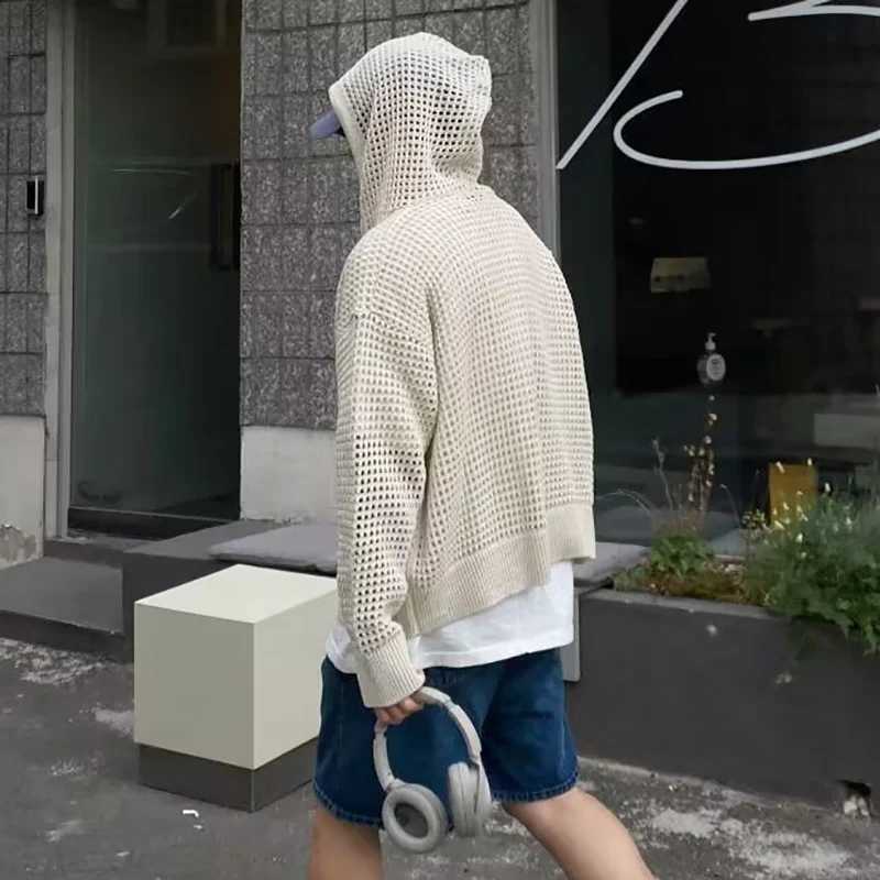 2025 Mens Casual Hollow Coats Breathable Cardigan Sweater Summer Lightweight Hooded Knitted Top Korean Trendy Streetwear Clothing Z250621