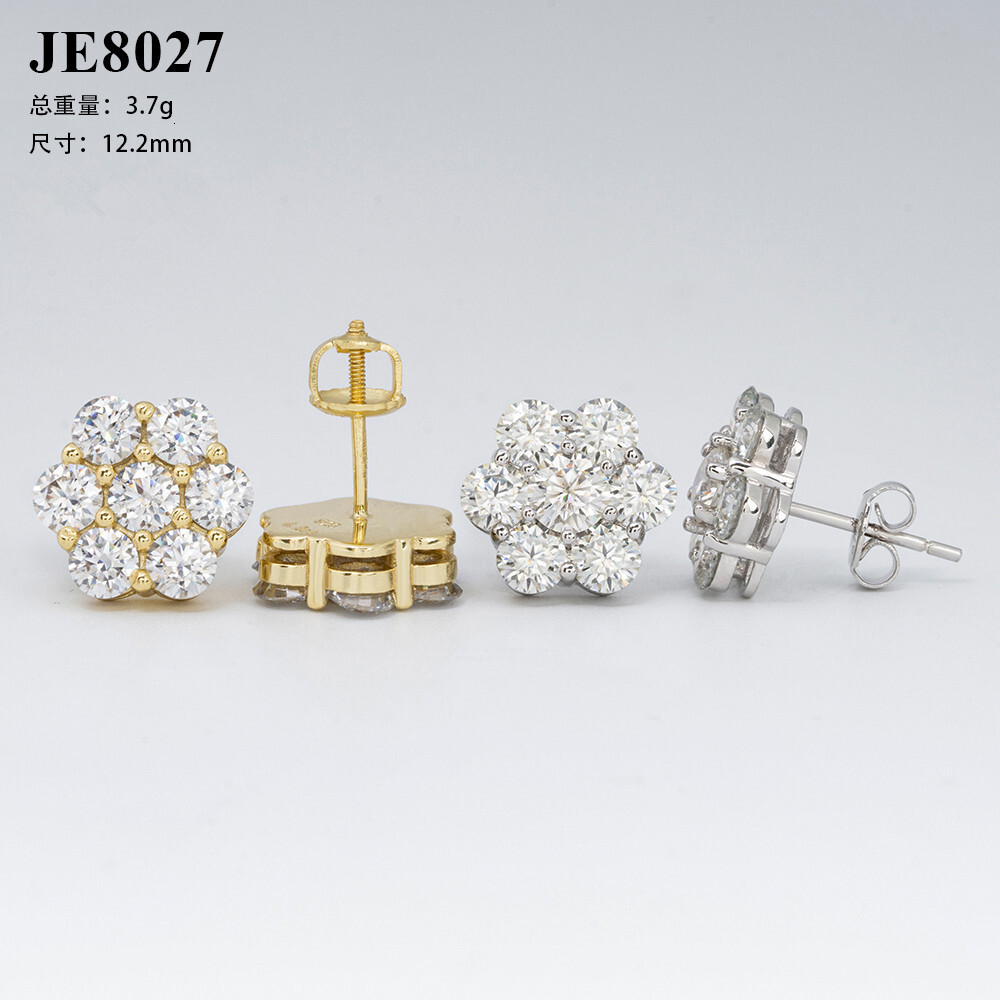 New S925 silver inlaid moissanite full flower studded earrings hip-hop hot selling simple and personalized earrings