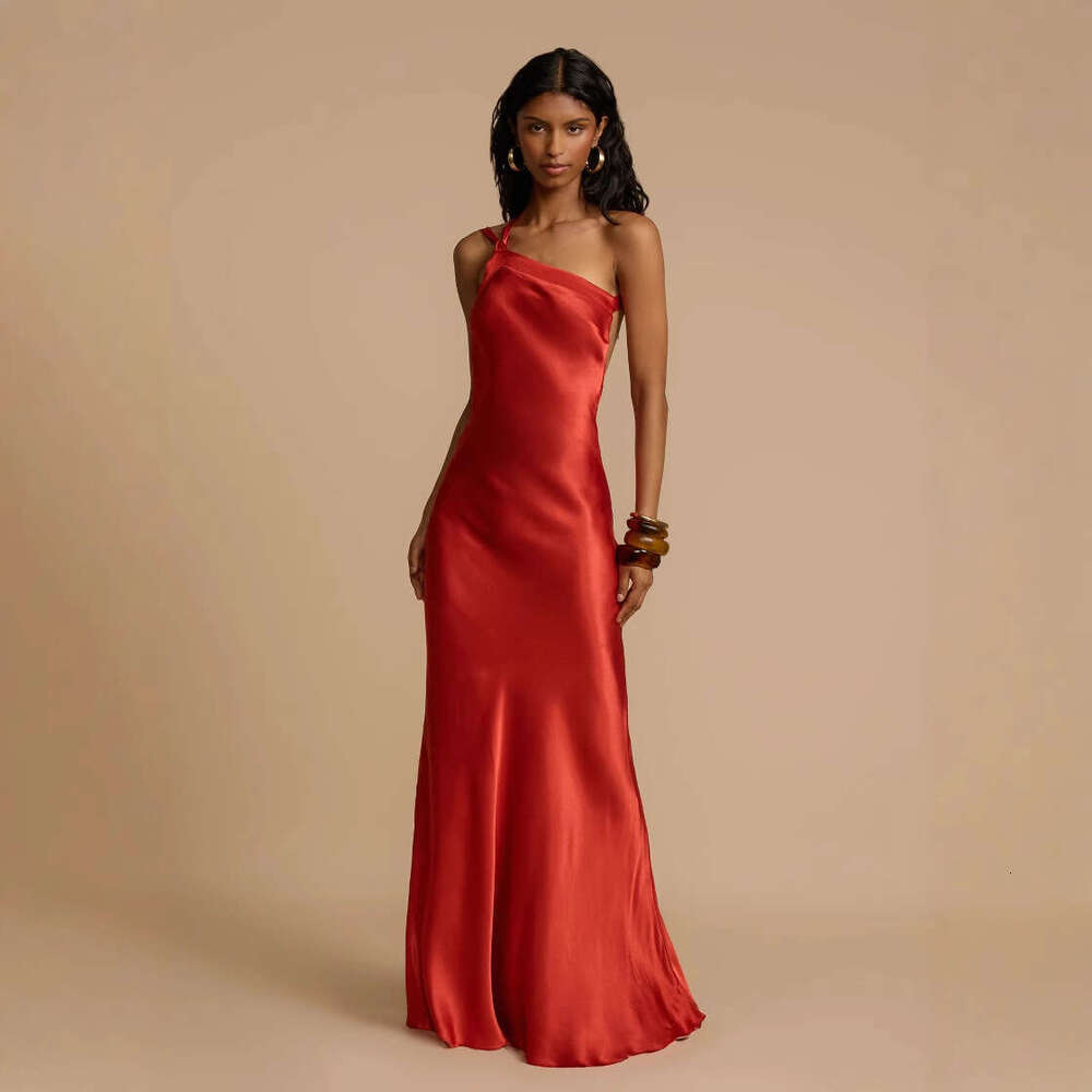 Long Dress Spring Summer New Party Asymmetric Shoulder Slim INS Casual Fashion Satin Dress Sexy Long Skirt