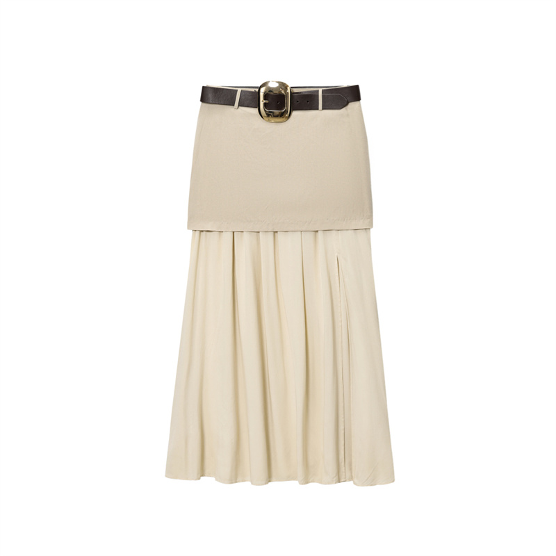 2025 Spring/Summer New Casual Women's Wear with Belt Splicing Midi Skirt Solid Color Versatile