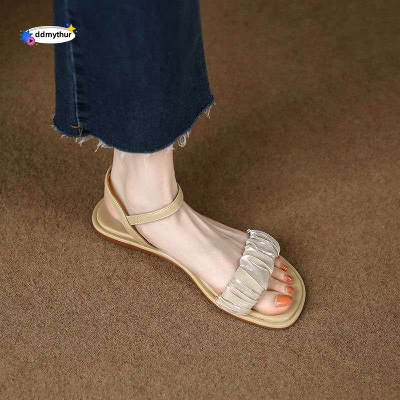 Women's for Outdoor Wear 2025 Summer New Fashion Versatile Hepburn Style One-Strap Super Fairy Flat Sandals ddmythur