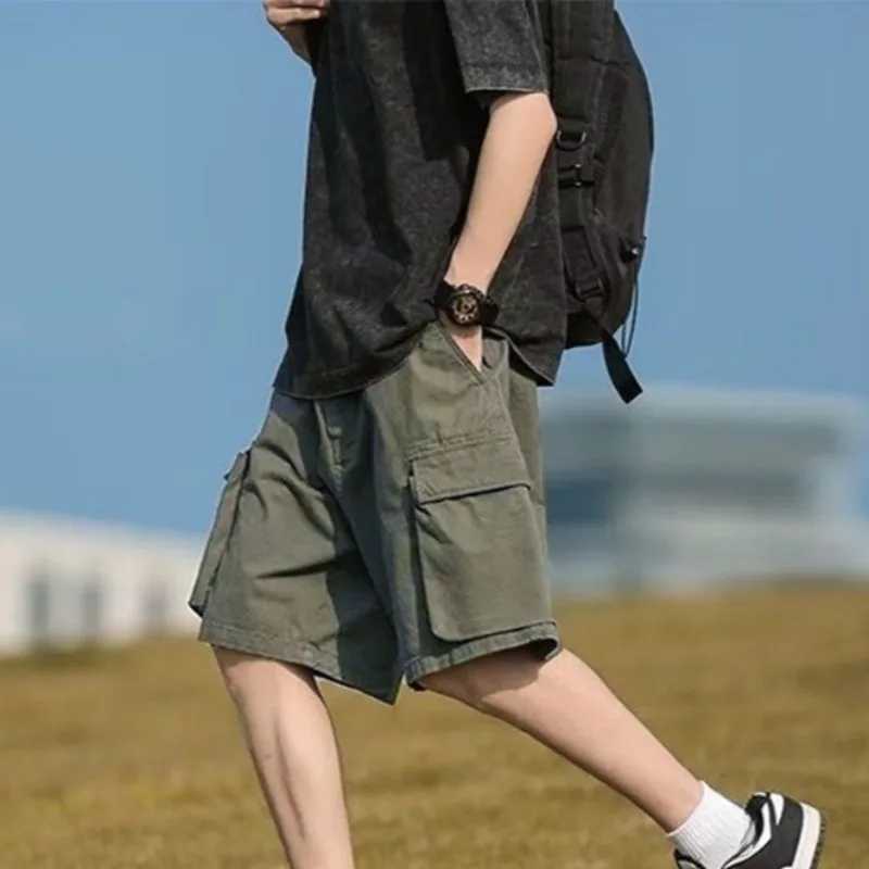 Mens Bermuda Cargo Shorts Elastic Waist Khaki Baggy Wide Loose Multi Pocket Short Pants for Men Harajuku Elegant Designer Cotton W250621