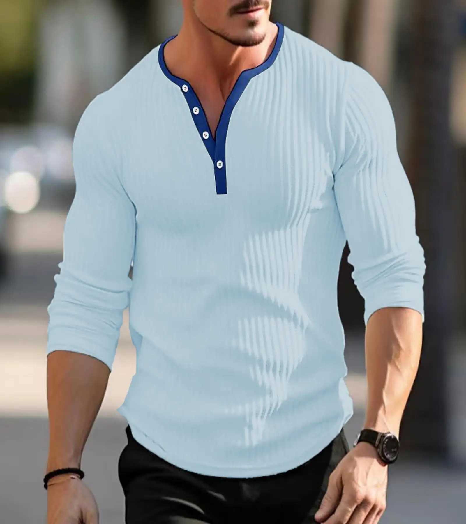 Summer Mens long-sleeved shirt thin long-sleeved Sun-Protective Solid-Color Striped T-Shirt Mens V-neck top Z250621