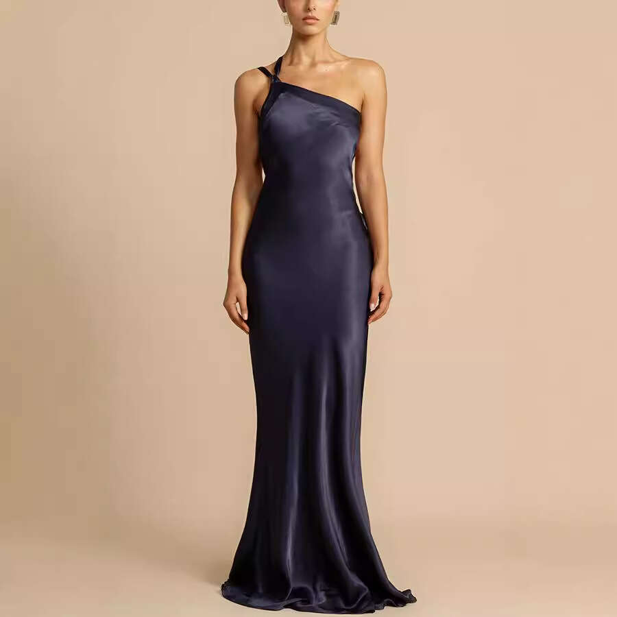 Long Dress Spring Summer New Party Asymmetric Shoulder Slim INS Casual Fashion Satin Dress Sexy Long Skirt