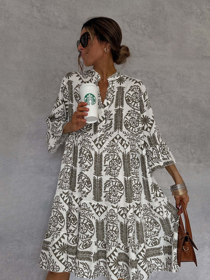 P621New style dress ins net red same style casual print three-quarter sleeve shirt dress for women