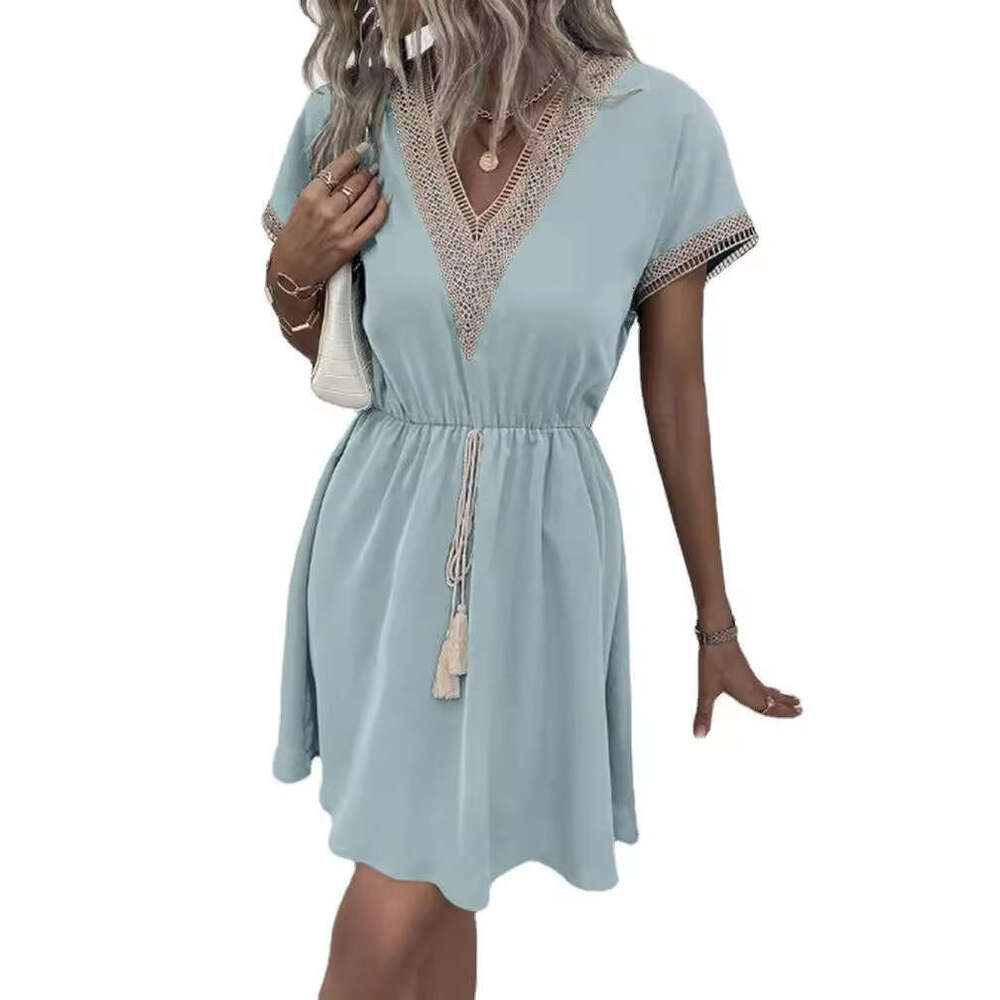 Long Dress Spring Summer Solid Color Short Sleeve Ruffle V Neck Waist Cinching Dress Sexy Long Skirt