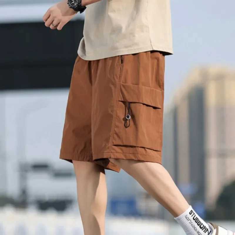 Wide with Draw String Elastic Waist Baggy Loose Solid Pockets Short Pants for Men Mens Cargo Shorts Long Half Distressed Nylon W250621