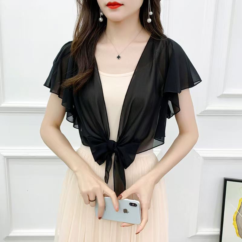 K1088 Chiffon small shawl women's short style with suspender skirt outer wear 2024 spring and summer all-match waistcoat thin cardigan