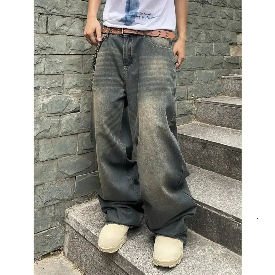 2025 Mens Baggy Denim Pants Wide Leg High Waist Belt Casual Trousers Loose Plus Size Stylish Streetwear Mens Streetwear 250617