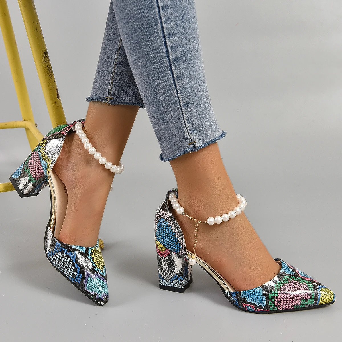 Aphixta Snake Pattern High Heel Sandals Summer Elegance Retro Womens Square Heel Sandals Size 33-46 Pearl Chain n 250617