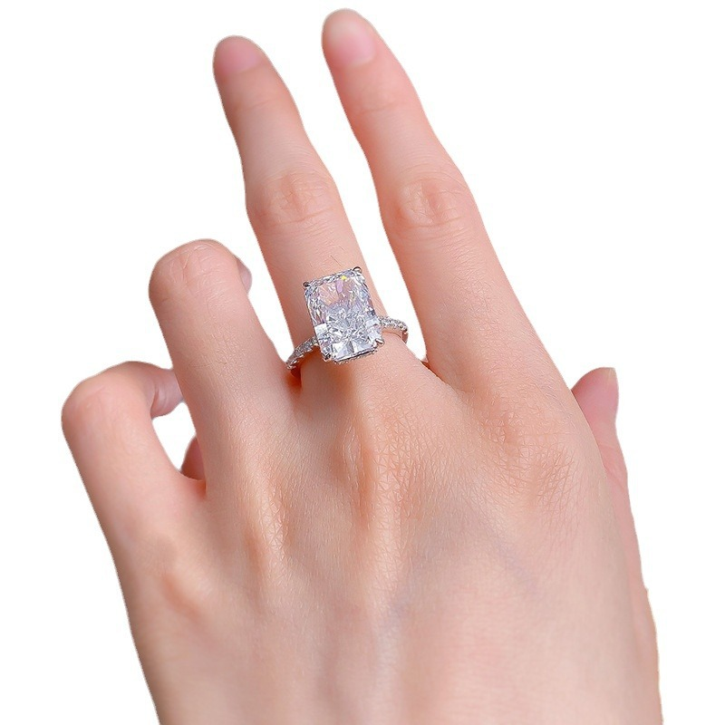 New S925 silver jewelry - Trendy "In Style" everyday simple 9*13mm rectangular white diamond ring for women14K yellow Gold Radiant Cut Lab G