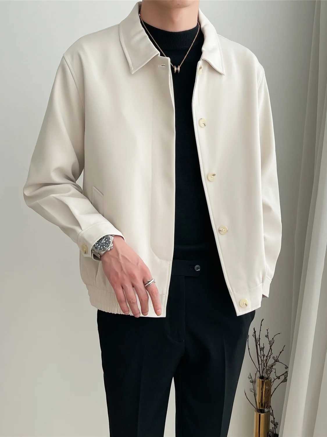 2024 Spring and Autumn New Mens Casual Apricot Lapel Jacket Loose Korean Version of The Trend Short Silhouette Coat Top Men XJ250621