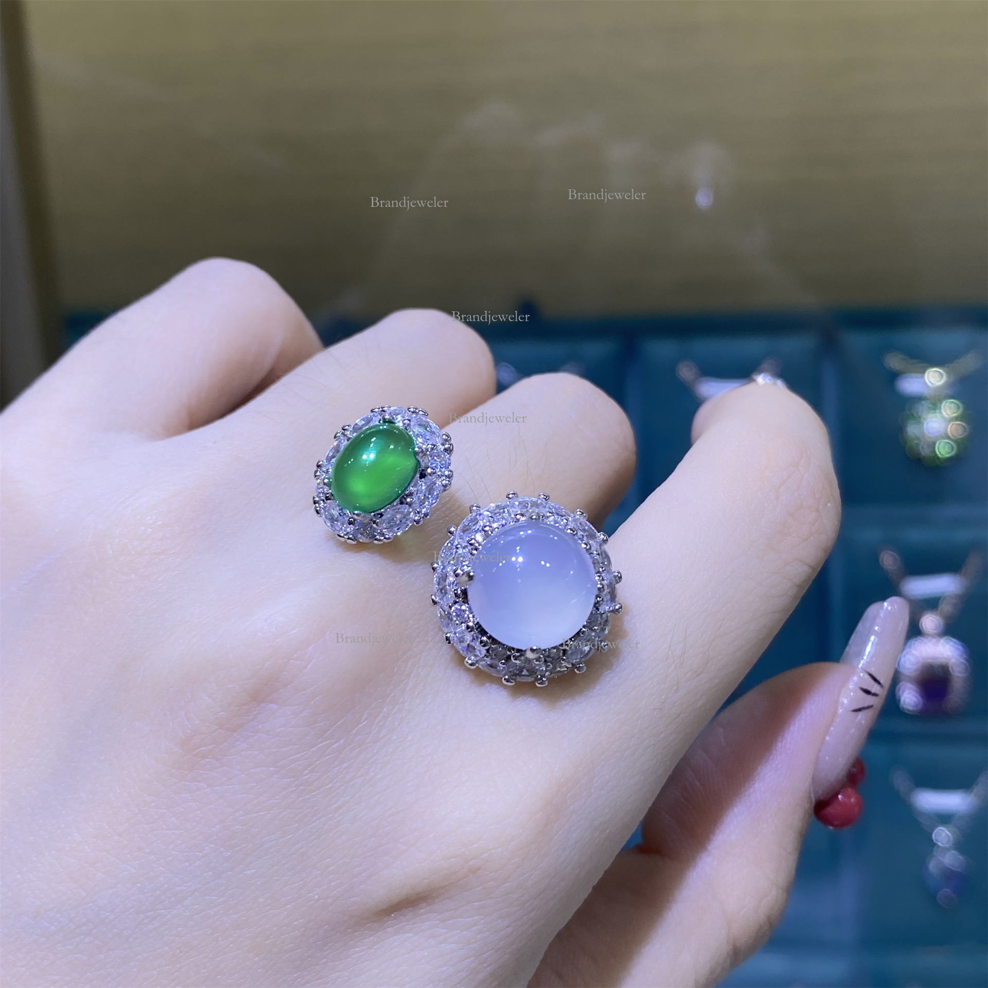Natural Designer Necklace White Agate Free Delivery Oval Green 2025 New Model Agate Open Ring Women's Elegant Luxurious Pendant Earrings Three-pi