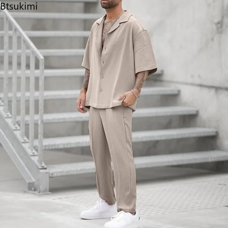 2025 Mens Casual 2PCS Pants Sets Fashion Lapel Shirt Top and Trousers Set Trendy Solid Blazer Pants Two Piece Set Clothing Male 250619