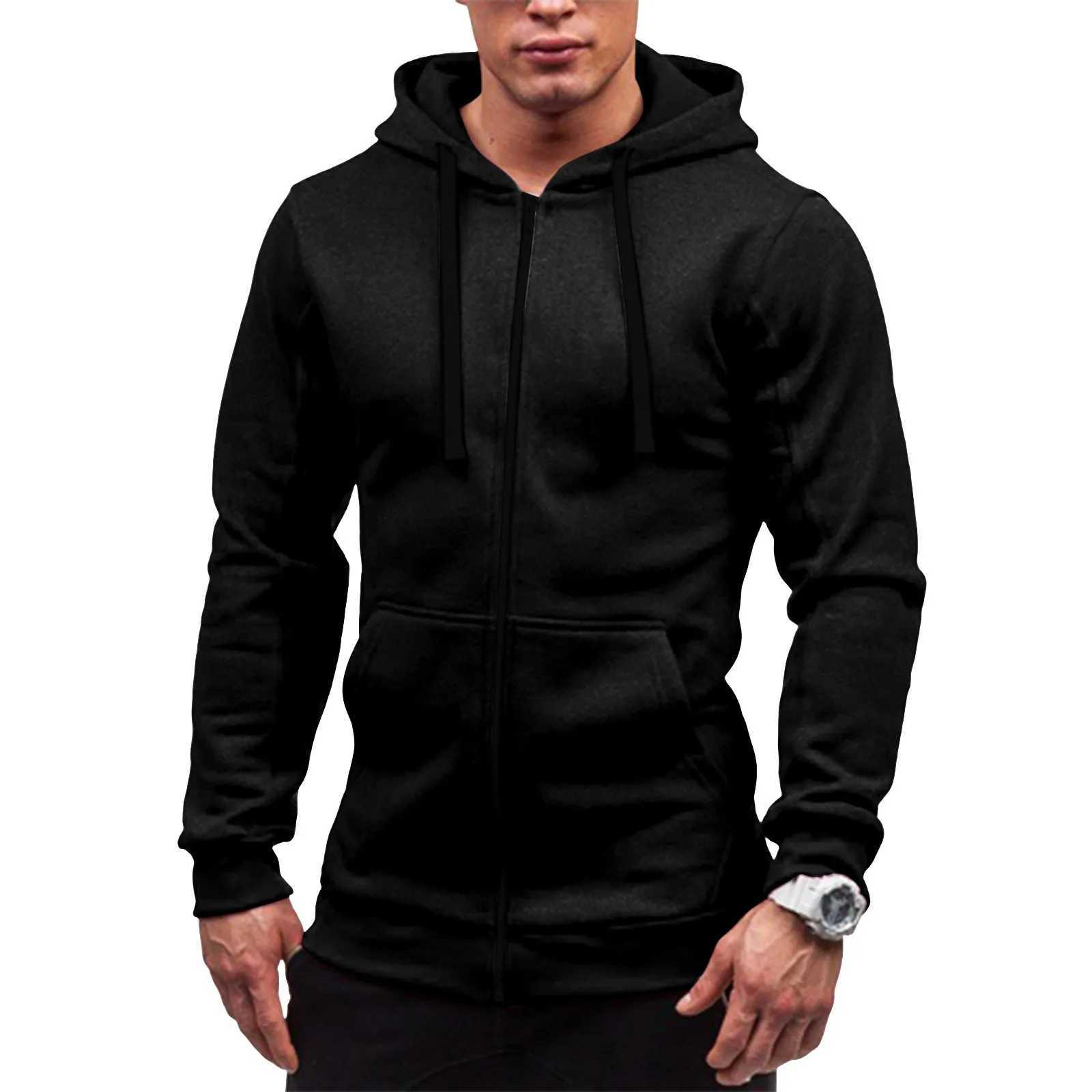 Full Zip Fashion Hooded Jacket For Men Casual Autumn And Winter Long Sleeved Solid Color Drawstring Lightweight Coats Loose FitXJ250621