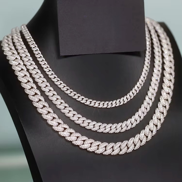 Fast Shipping Moissanite Dia Hip Hop Jewelry Sterling Sier 6mm 9mm 13mm Iced Out 2 Rows Cuban Link Chain Men Necklace